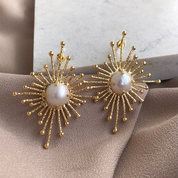 NEW ! Baroque Pearl Unique Earrings, North Star Design Earrings, Real Pearl Gold Earrings, Bridal Jewelry,  Mother's Day, Special Day Gift