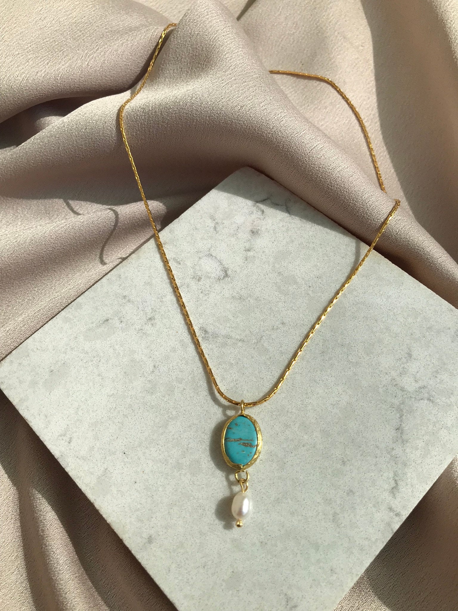 NEW ! Special Design Turquoise Necklace, Gold Chain Natural Pearl Design Necklace, Real Pearl Gold Necklace, Bridal Jewelry, Daily Jewelry