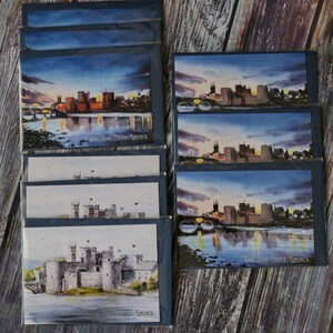 Cartões postais. Paisagem urbana em aquarela. Conjunto de 3 + envelopes. Castelo Rei João. Limerick. Irlanda.