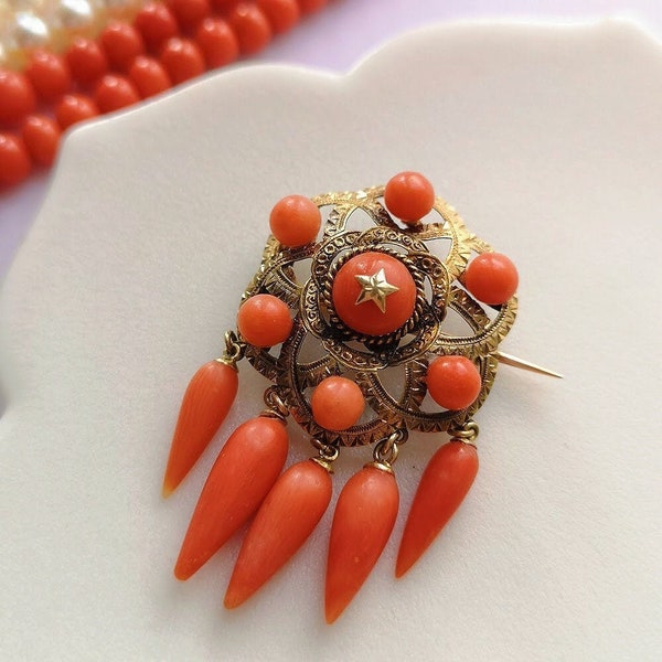 Broche victorienne en étoile de corail rouge or 18 carats | Broche de corail antique | Broche de corail d’or | | de corail rouge naturel Broche Coral Star