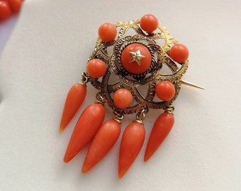 Victorian 18k gold red coral star brooch | Antique Coral brooch | Gold Coral Brooch | Natural Red Coral | Coral Star Brooch