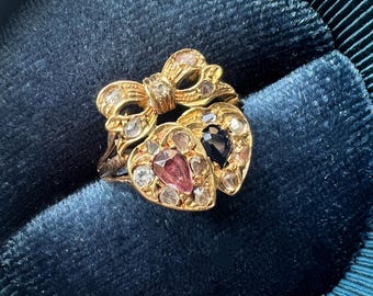 Antique English 15K gold ruby sapphire diamond double heart bow ring