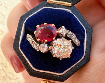 French 18K gold natural ruby & diamond you and me ring