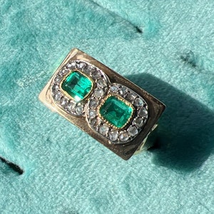 Retro 18K gold emerald diamond tank ring, French Vintage cocktail ring statement ring minimalist ring birthday ring gift anniversary ring