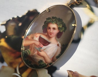 Antique 18K gold Bacchus miniature portrait pendant, antique miniature portrait, gold portrait pendant, mother's day pendant gift