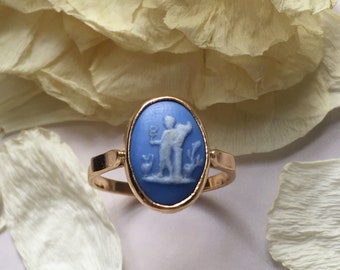 Antique 18K gold Blue Wedgwood cameo ring, Victorian cameo ring birthday ring gift anniversary ring gift valentine&#39;s ring gift