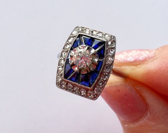 Art Deco 18K gold diamond blue sapphire ring, cocktail ring vintage engagement ring birthday ring gift anniversary ring minimalist ring