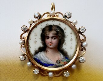 Victorian 18K Gold Portrait Brooch Pendant: Diamond Pearl Enamel Miniature