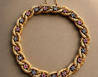Antique 18K yellow gold diamond ruby star celestial curb link bracelet
