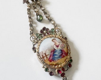 Victorian era enamel miniature portrait pendant with emeralds and garnets, sentimental romantic gift hand painted portrait french antique