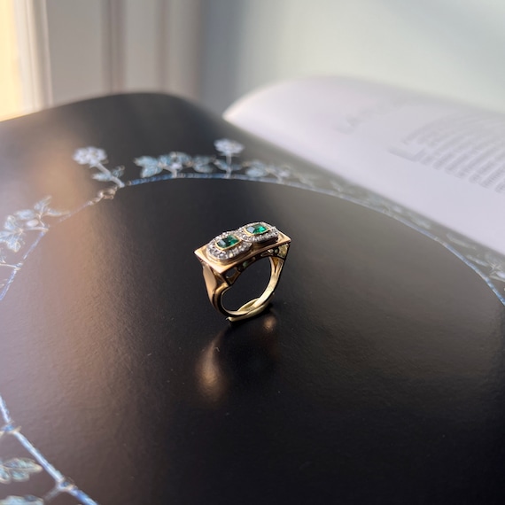 Retro 18K gold emerald and diamond French tank ri… - image 7