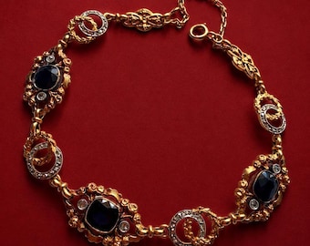 Art Nouveau French work 18K Gold Blue Sapphires Diamonds Bracelet