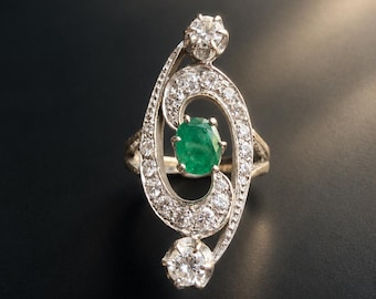 Antique Art Nouveau Belle Epoque French 18K gold emerald diamond ring