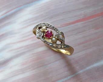 Antique ruby pearl diamond 18K gold platinum ring, diamond ruby ring gift for her diamond bypass ring vintage diamond ring mom