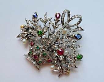 French Edwardian platine multi gemstones diamond flower basket pendant