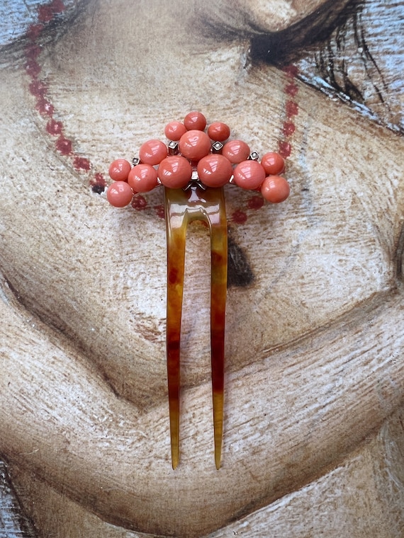 Rare antique coral pearl beads hair comb | Victor… - image 2