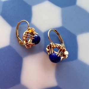 Vintage 14k gold blue Lapis Lazulis dangle earrings, little hoop earrings birthday earrings gift anniversary earrings gift stud earrings image 5