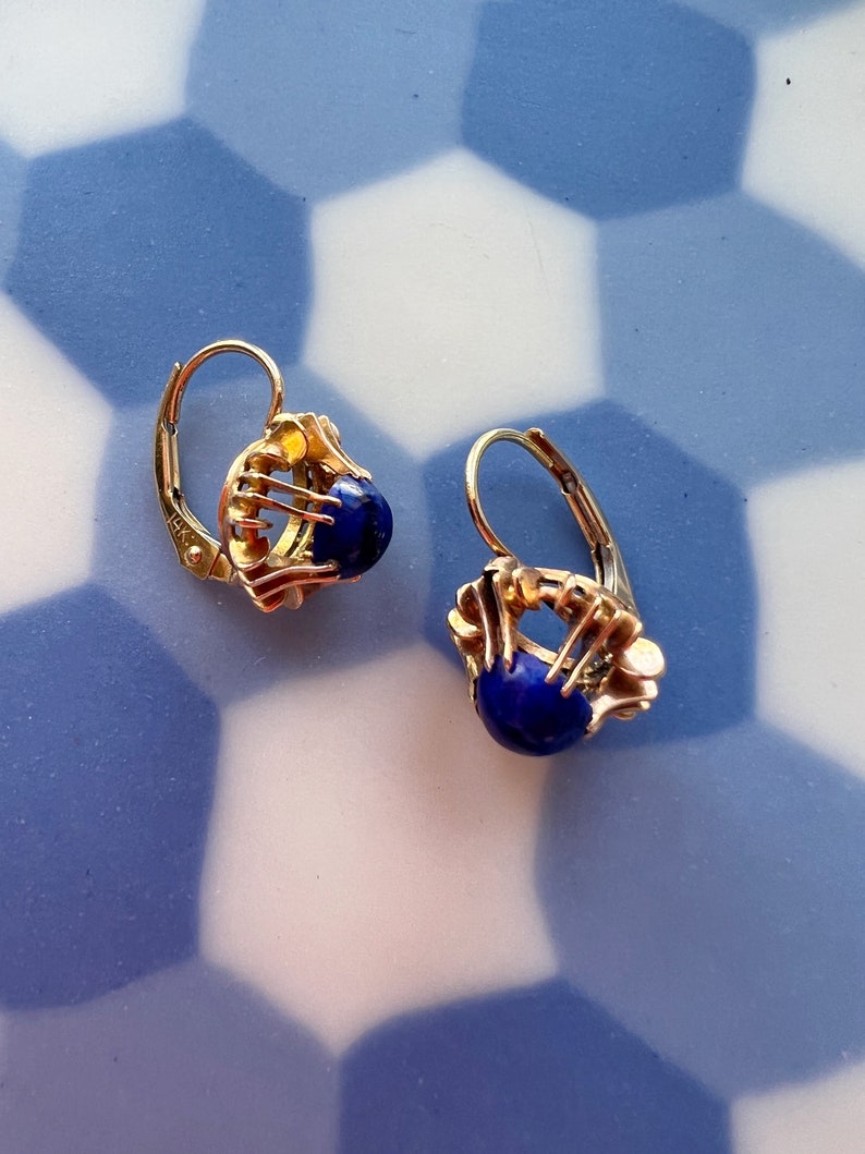 Vintage 14k gold blue Lapis Lazulis dangle earrings, little hoop earrings birthday earrings gift anniversary earrings gift stud earrings image 5