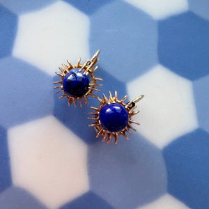 Vintage 14k gold blue Lapis Lazulis dangle earrings, little hoop earrings birthday earrings gift anniversary earrings gift stud earrings image 6