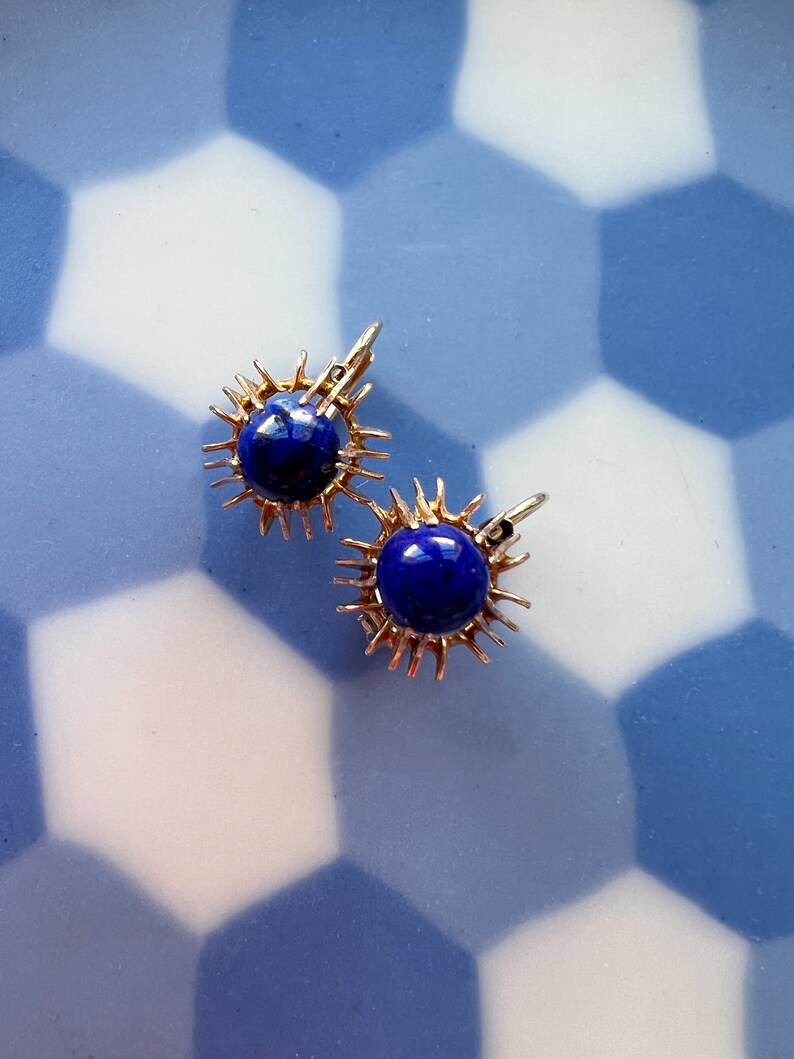 Vintage 14k gold blue Lapis Lazulis dangle earrings, little hoop earrings birthday earrings gift anniversary earrings gift stud earrings image 6