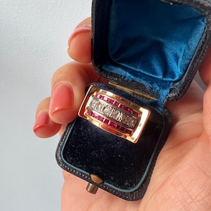 Bague tank en or 18 carats avec diamants et rubis vintage, bague en or, bague de cocktail, bague d'anniversaire, cadeau d'anniversaire, bague en or rétro