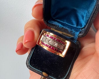 French Vintage diamond ruby 18K gold tank ring, gold statement ring cocktail ring birthday ring gift anniversary ring gift retro gold ring