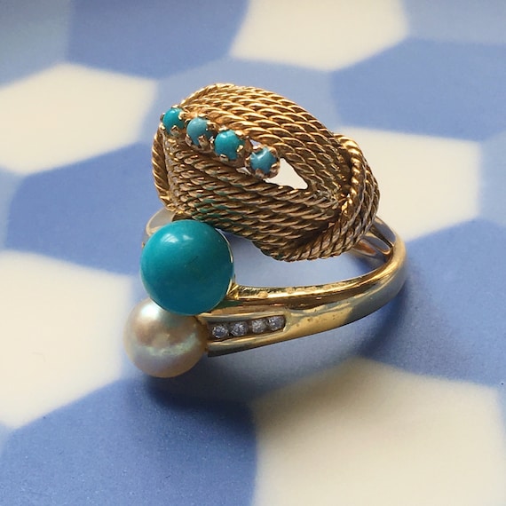 Bague Dôme En Or Jaune 18 Carats Avec Turquoises – Taille 49 – Occasion Authentique