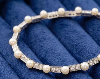 Art Deco era Platinum Pearl Diamond link Bracelet