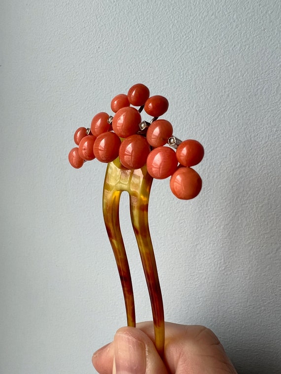 Rare antique coral pearl beads hair comb | Victor… - image 9