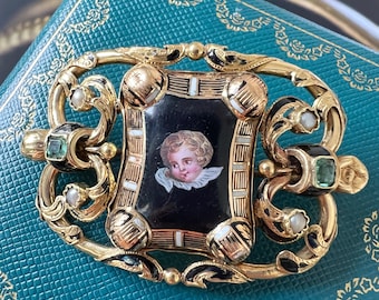 Antique 18K Gold Enamel Cherub Brooch: Emeralds & Natural Pearls