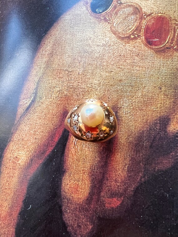 Vintage 18K gold star diamond pearl cocktail ring… - image 2