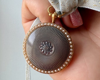 Edwardian 18k Gold Enamel pearl pocket watch pendant, guilloche enamel pendant, antique enameled pendant, pocket watch pendant