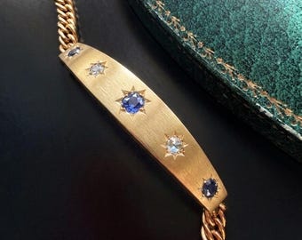French Antique 18K gold blue sapphire & diamond star curb link bracelet