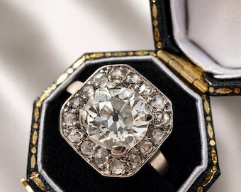 Art Deco French work 18K white gold 1.2ct old mine cut diamond Ring