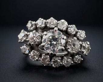French vintage 18K white gold 2.8ct old cut diamond statement ring
