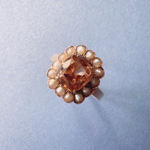 Antique 18K Gold Zircon Pearl Ring: French Hallmarked