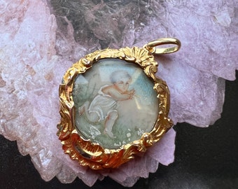 Antique 18K gold miniature cherub pendant  | Miniature portrait pendant | Victorian Angel Cherub pendant | Antique angel cherub pendant