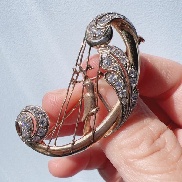 Vintage 18K gold diamond bird singing on a harp brooch, romantic brooch sentimental brooch birthday gift anniversary brooch gift animal