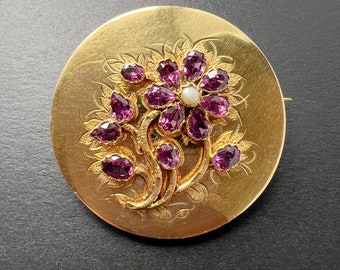 Victorian era 18K gold amethyst pearl flower brooch, floral brooch romantic pink handmade brooch gift birthday brooch anniversary brooch mom