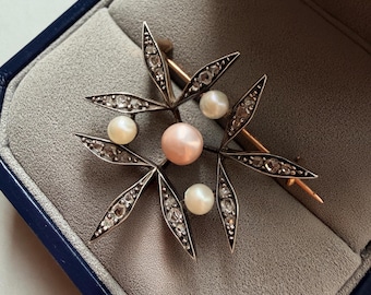 Victorian era French work LFG certified natural pearl diamond flower brooch
