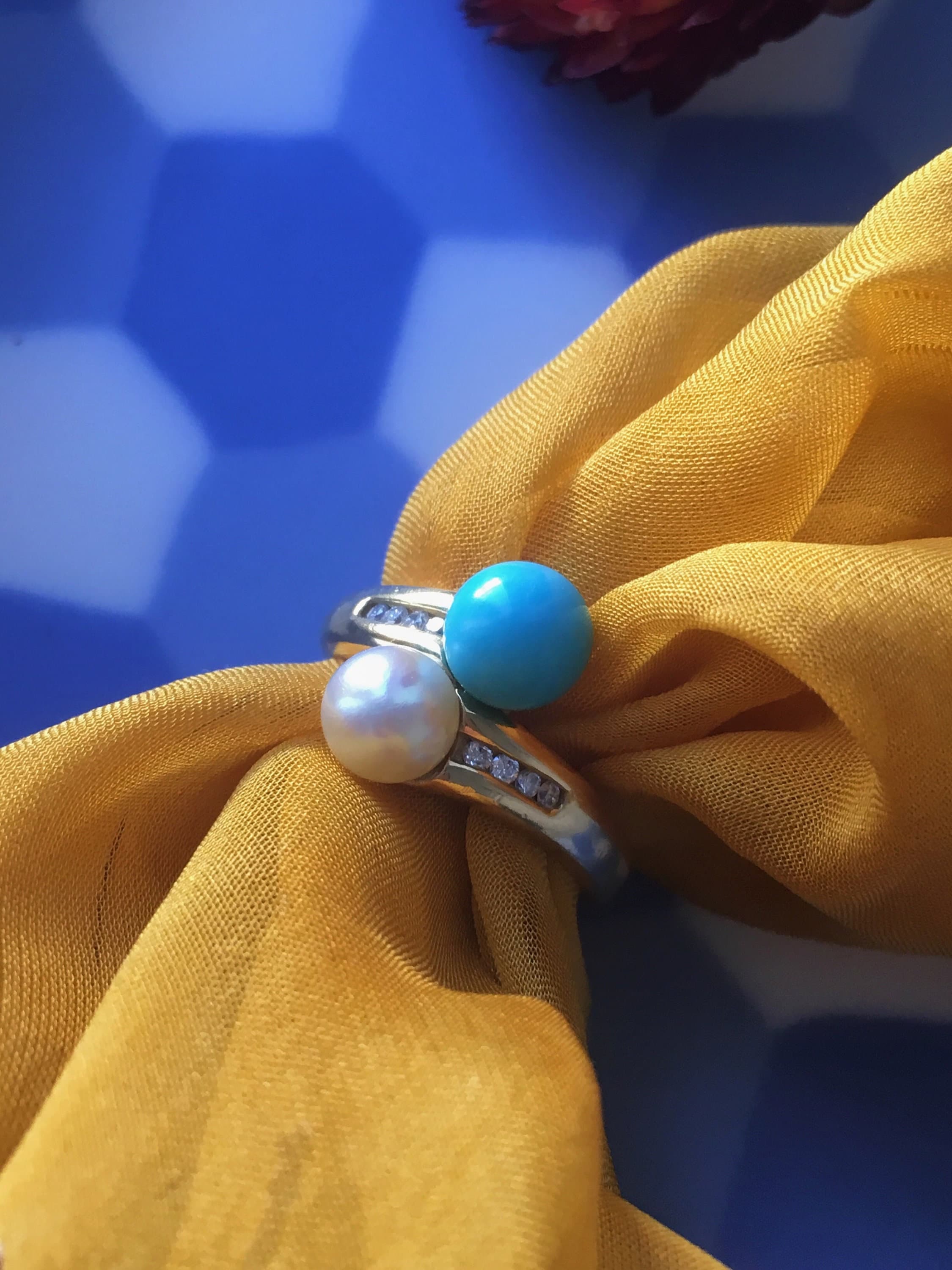 Vintage 18K gold Turquoise Pearl diamond "you and me" bypass ring, romantic ring gift birthday ring gift anniversary ring gift romantic ring