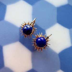 Vintage 14k gold blue Lapis Lazulis dangle earrings, little hoop earrings birthday earrings gift anniversary earrings gift stud earrings image 1