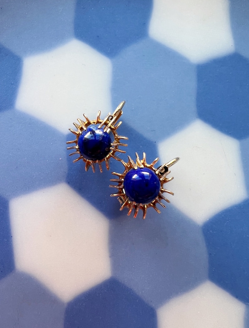 Vintage 14k gold blue Lapis Lazulis dangle earrings, little hoop earrings birthday earrings gift anniversary earrings gift stud earrings image 1
