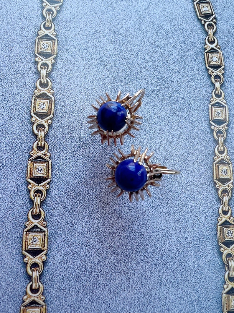 Vintage 14k gold blue Lapis Lazulis dangle earrings, little hoop earrings birthday earrings gift anniversary earrings gift stud earrings image 3