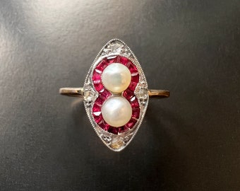 French Art Deco 18K gold pearl ruby diamond ring, birthday ring gift antique engagement ring anniversary ring gift vintage handmade ring