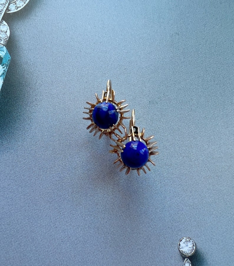 Vintage 14k gold blue Lapis Lazulis dangle earrings, little hoop earrings birthday earrings gift anniversary earrings gift stud earrings image 2