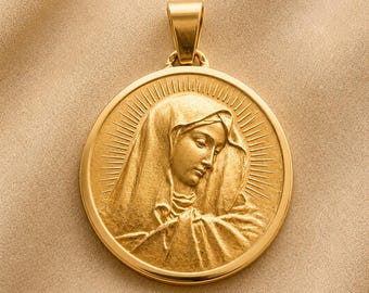 Antique French 18K Gold Virgin Mary Medal Pendant, religious medal, baptism babyshower birth gift