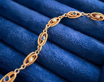 Antique French work 18k yellow gold blue sapphire pearl link bracelet