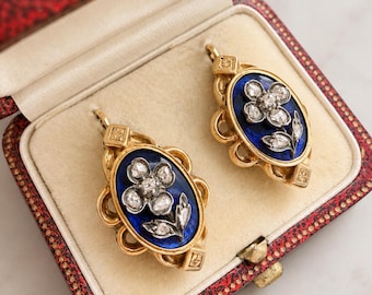Victorian French 18K Gold blue enamel diamond flower earrings