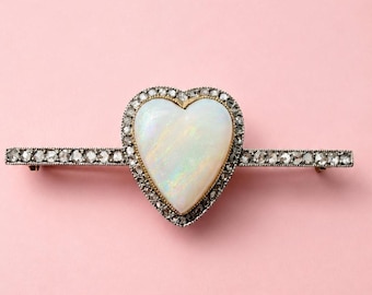 Antique Victorian era 18K gold Opal Heart Diamond Brooch